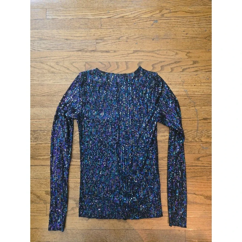 Free People Gold Rush Sequin Mesh Long Sleeve Party Top Black Purple Small